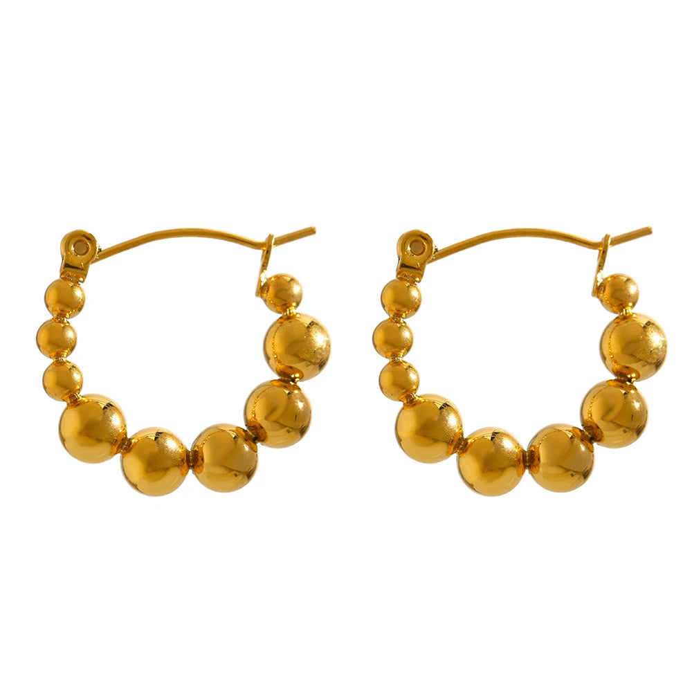 Bead round hollow simple gold color hoop earrings - product image