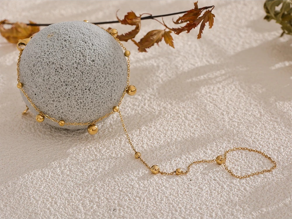 Beads back of hand chain finger bracelet gold color - product image