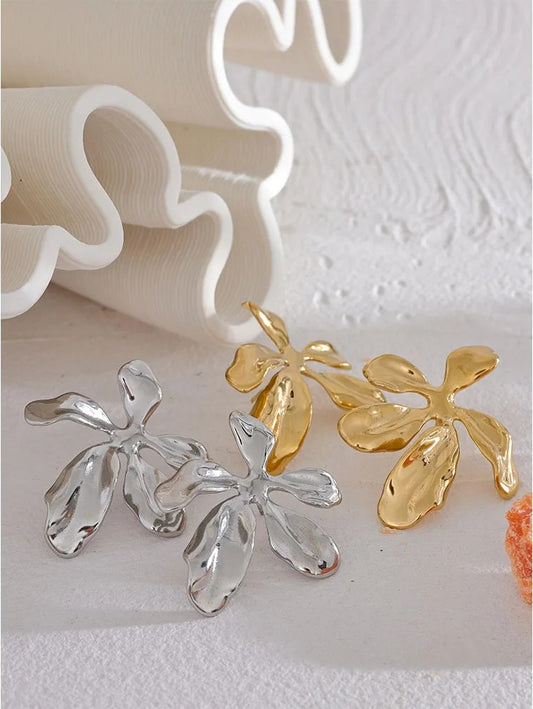 Big flower plant metal stud earrings - product image