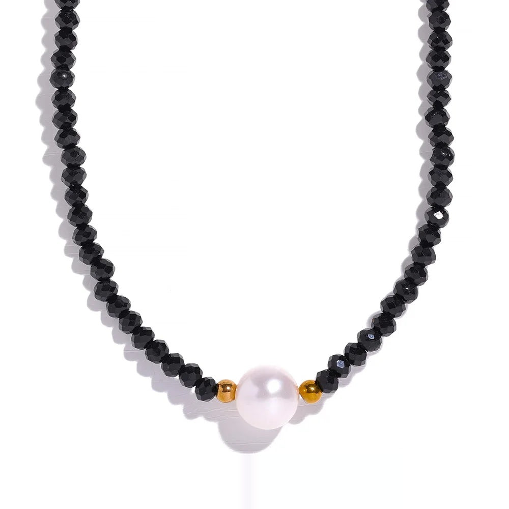 Black crystal beads natural pearl pendant necklace - product image