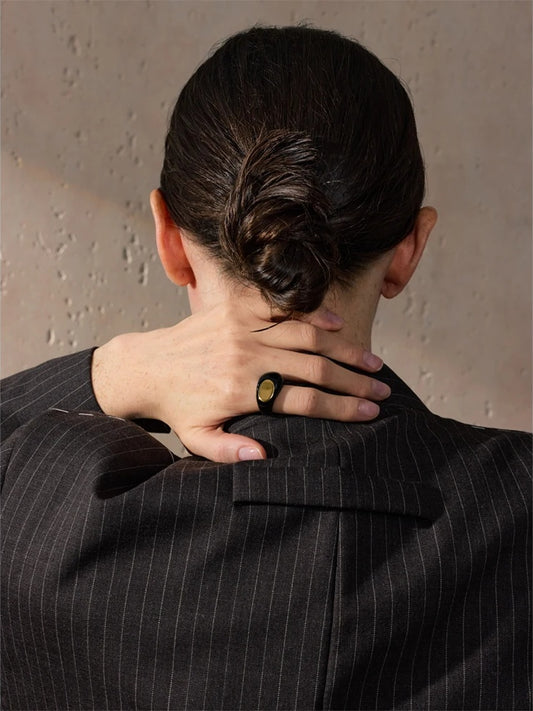 Black enamel abstract minimalist texture ring - product image