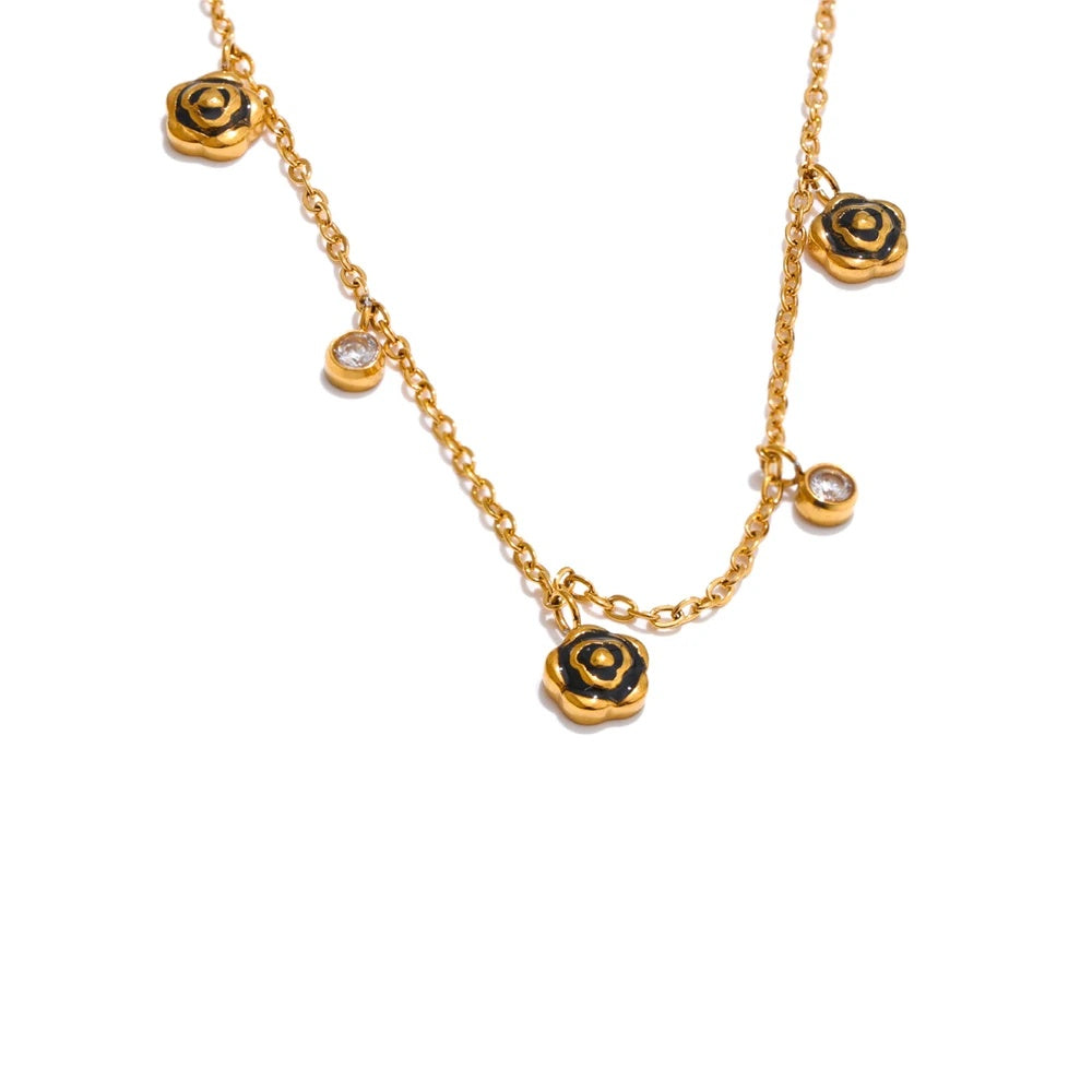 Black enamel flower zirconia chain necklace - product image