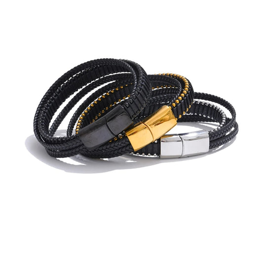 Black fiber leather braided men bracelet - product image