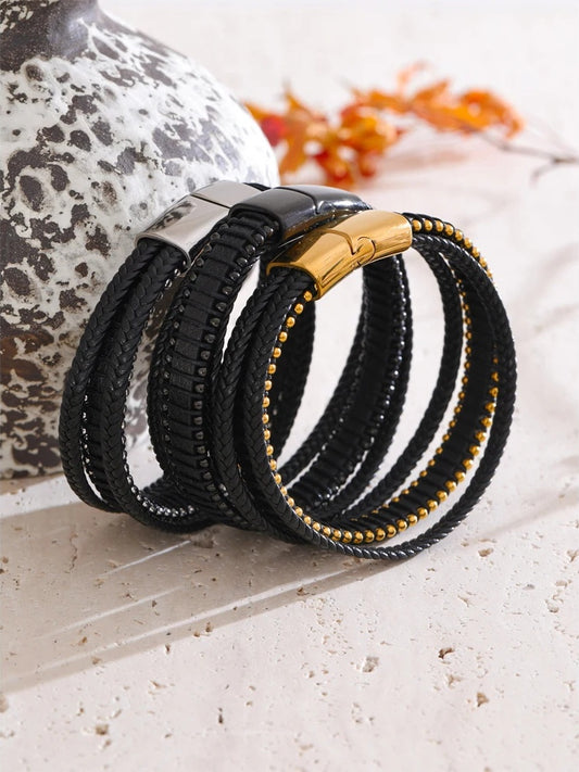 Black fiber leather braided men bracelet - product image