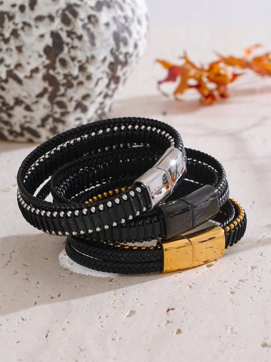 Black fiber leather braided men bracelet - product image