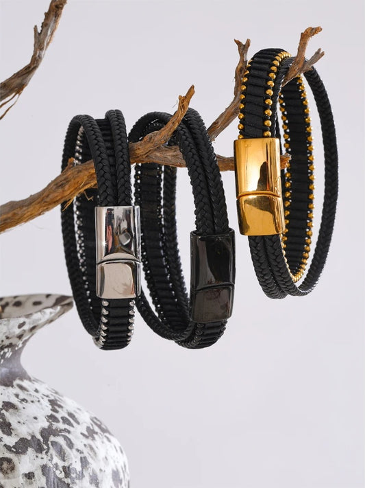 Black fiber leather braided men bracelet - product image