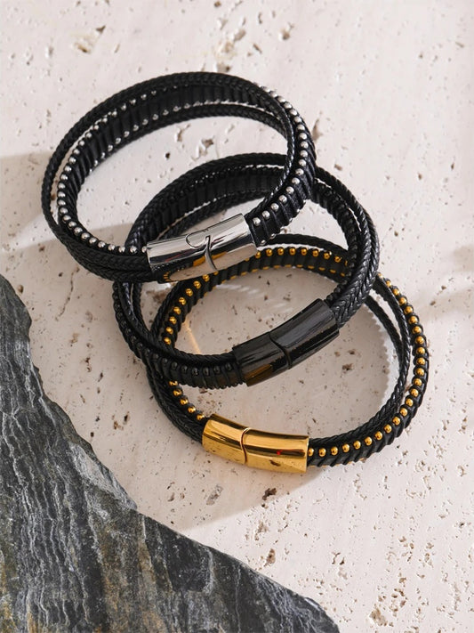 Black fiber leather braided men bracelet - product image