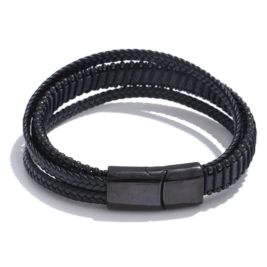 Black fiber leather braided men bracelet - product image