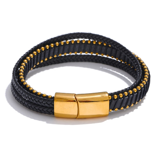 Black fiber leather braided men bracelet - product image