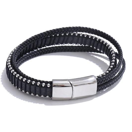 Black fiber leather braided men bracelet - product image