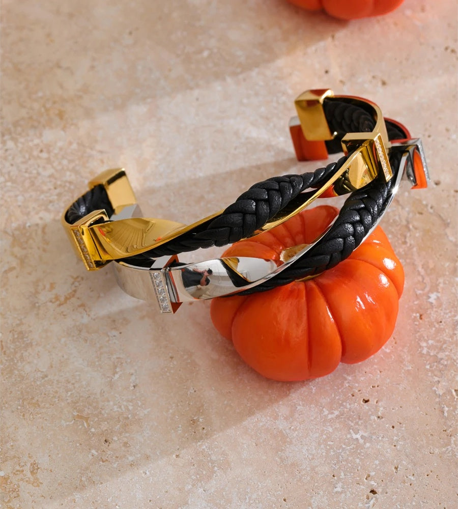 Black leather twisted cuff unisex bracelet - product image