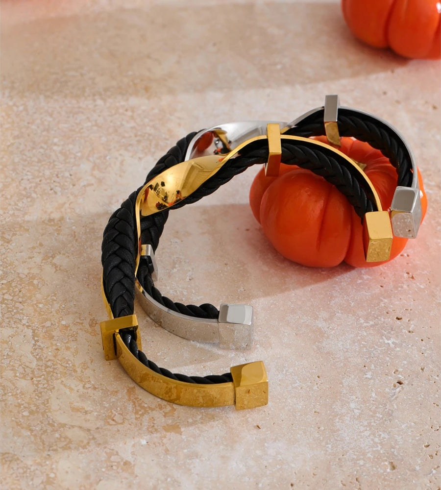 Black leather twisted cuff unisex bracelet - product image