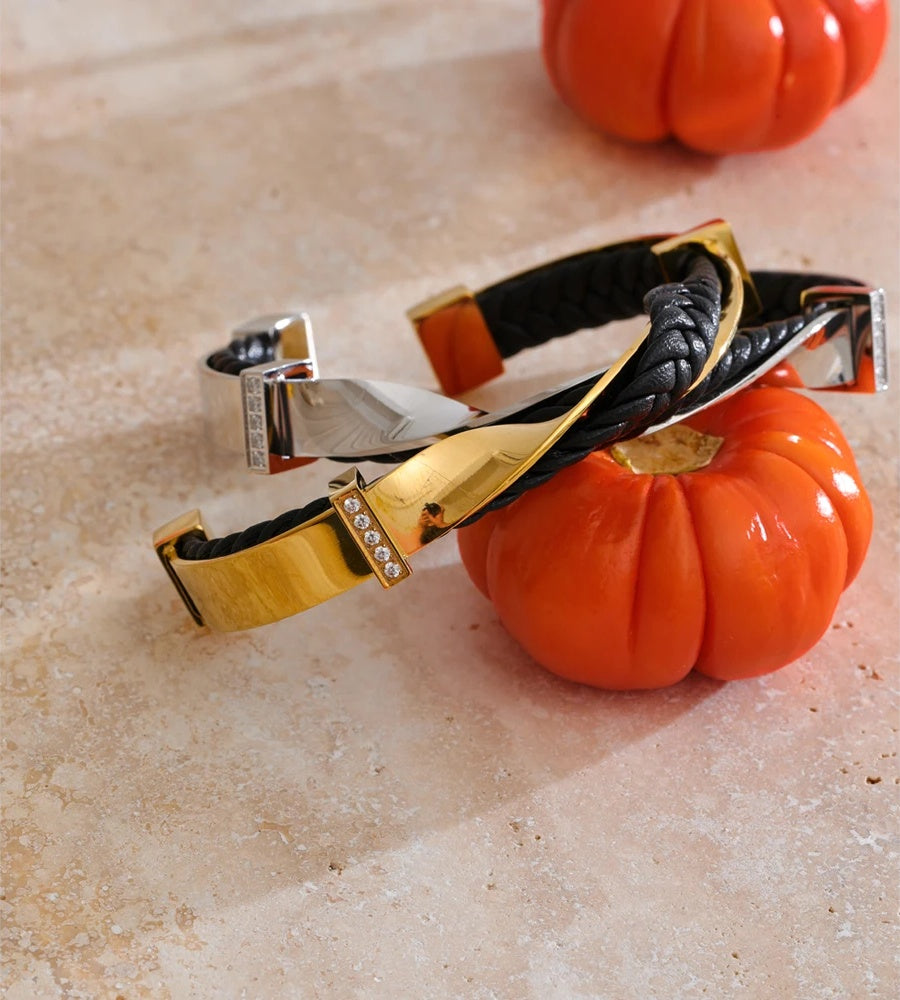 Black leather twisted cuff unisex bracelet - product image