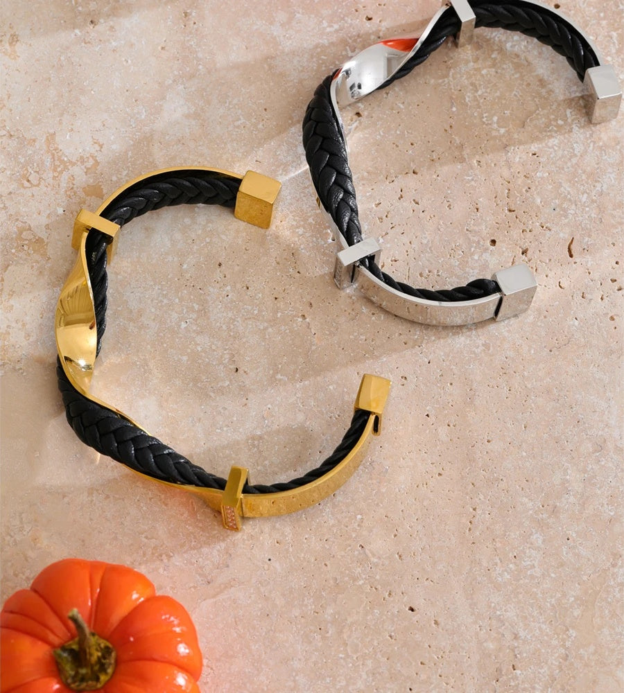 Black leather twisted cuff unisex bracelet - product image