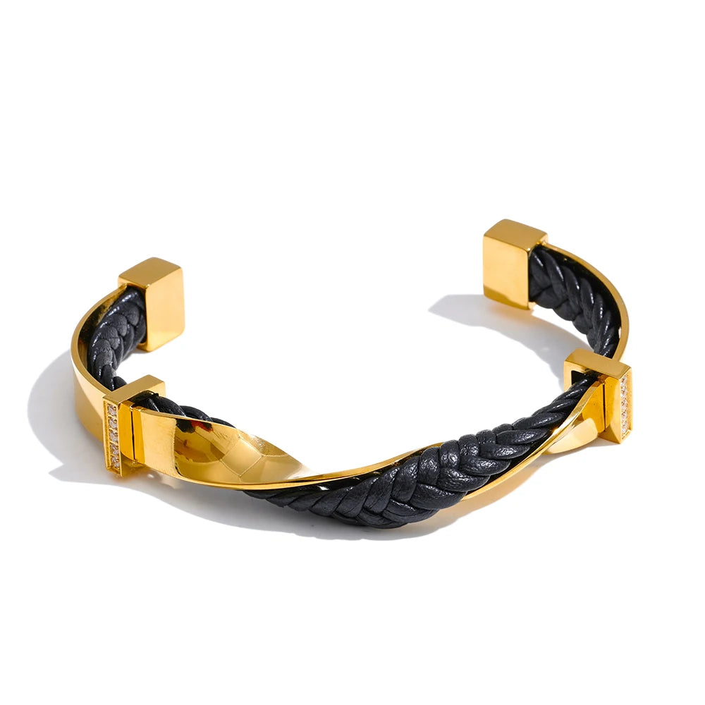 Black leather twisted cuff unisex bracelet - product image