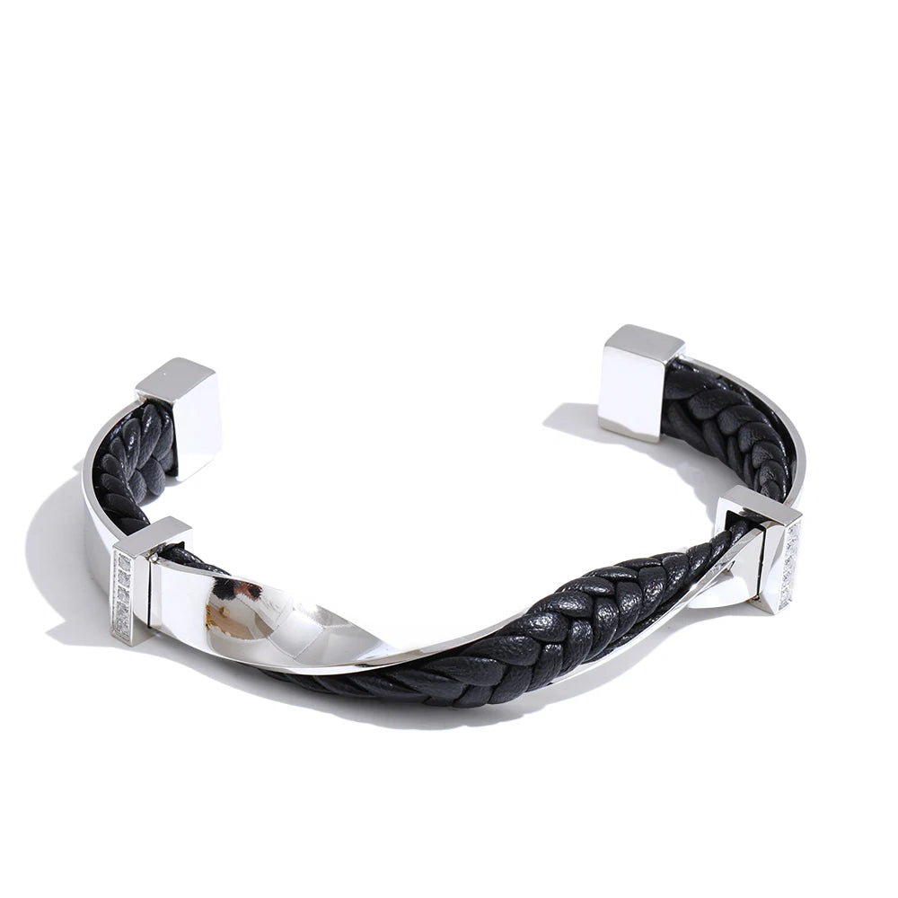 Black leather twisted cuff unisex bracelet - product image