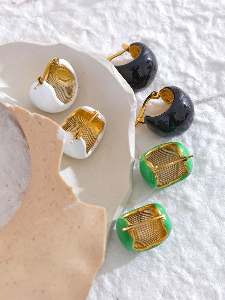 Black white green enamel chunky hoop earrings - product image