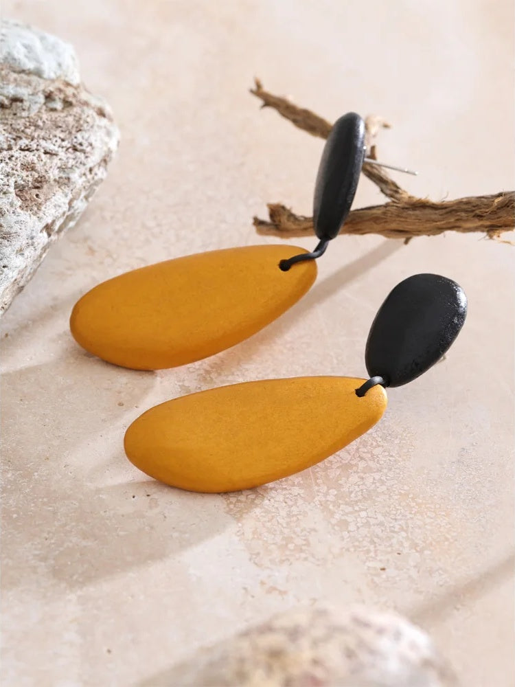Black yellow wood abstract drop dangle earrings - product image