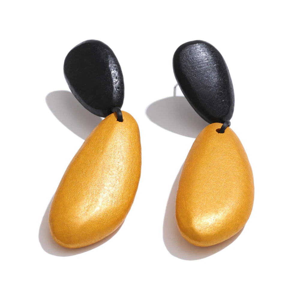 Black yellow wood abstract drop dangle earrings - product image