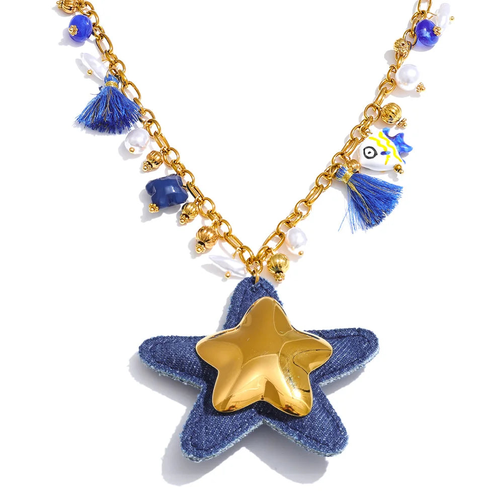 Blue denim pearl star pendant necklace women's fashion - product image
