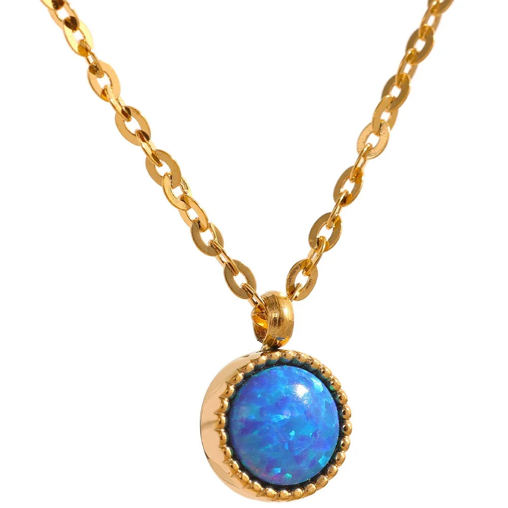 Blue opal natural stone round pendant necklace - product image