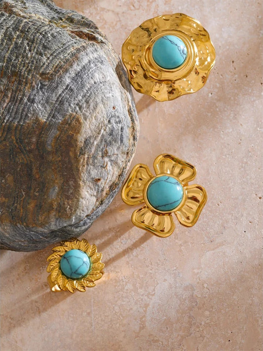 Blue turquoise flower sun adjustable ring - product image