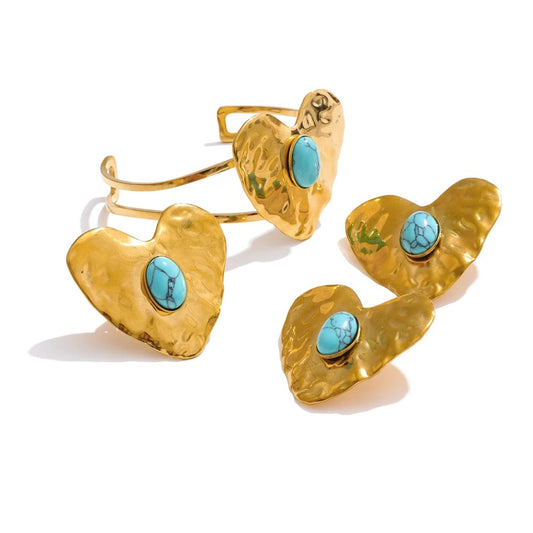 Blue turquoise inlaid heart love earrings ring bracelet set - product image