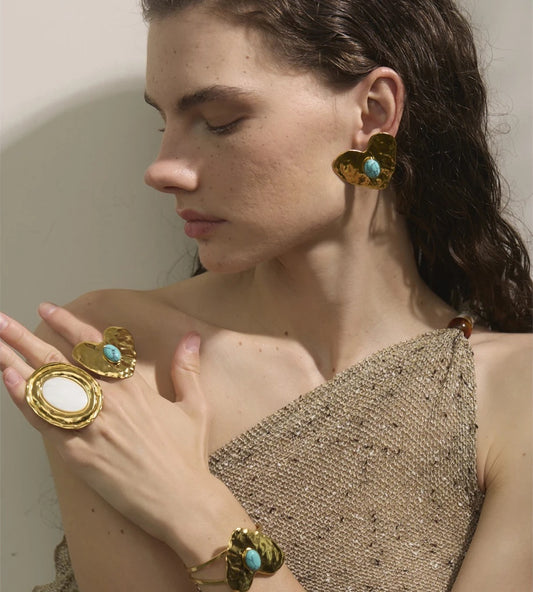 Blue turquoise inlaid heart love earrings ring bracelet set - product image
