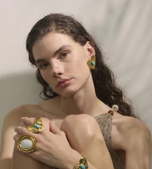 Blue turquoise inlaid heart love earrings ring bracelet set - product image