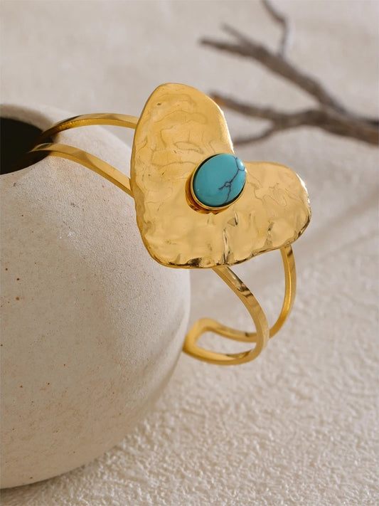 Blue turquoise inlaid heart love earrings ring bracelet set - product image