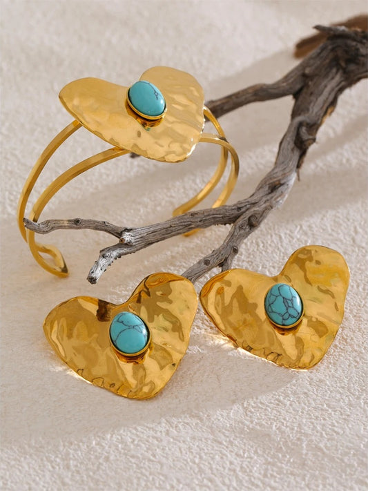 Blue turquoise inlaid heart love earrings ring bracelet set - product image
