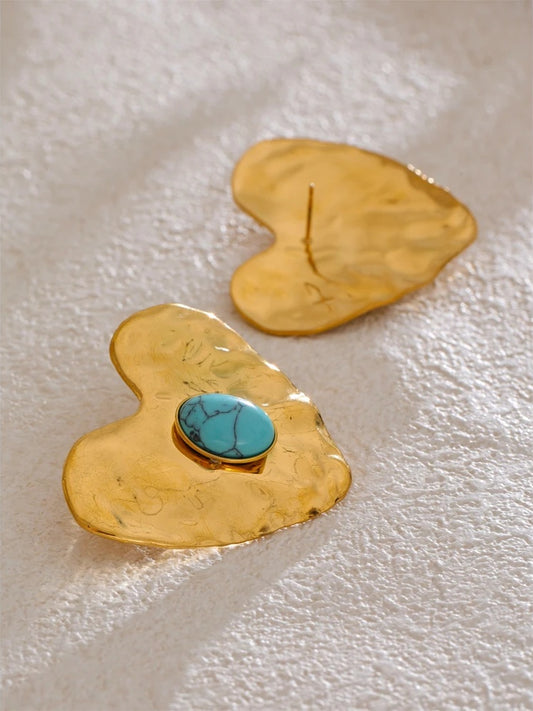 Blue turquoise inlaid heart love earrings ring bracelet set - product image