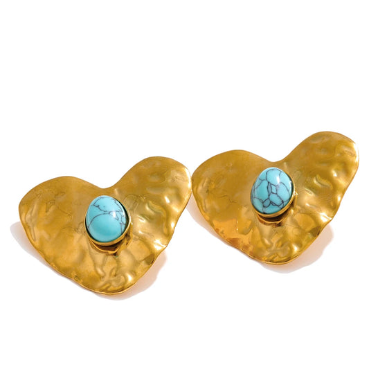 Blue turquoise inlaid heart love earrings ring bracelet set - product image