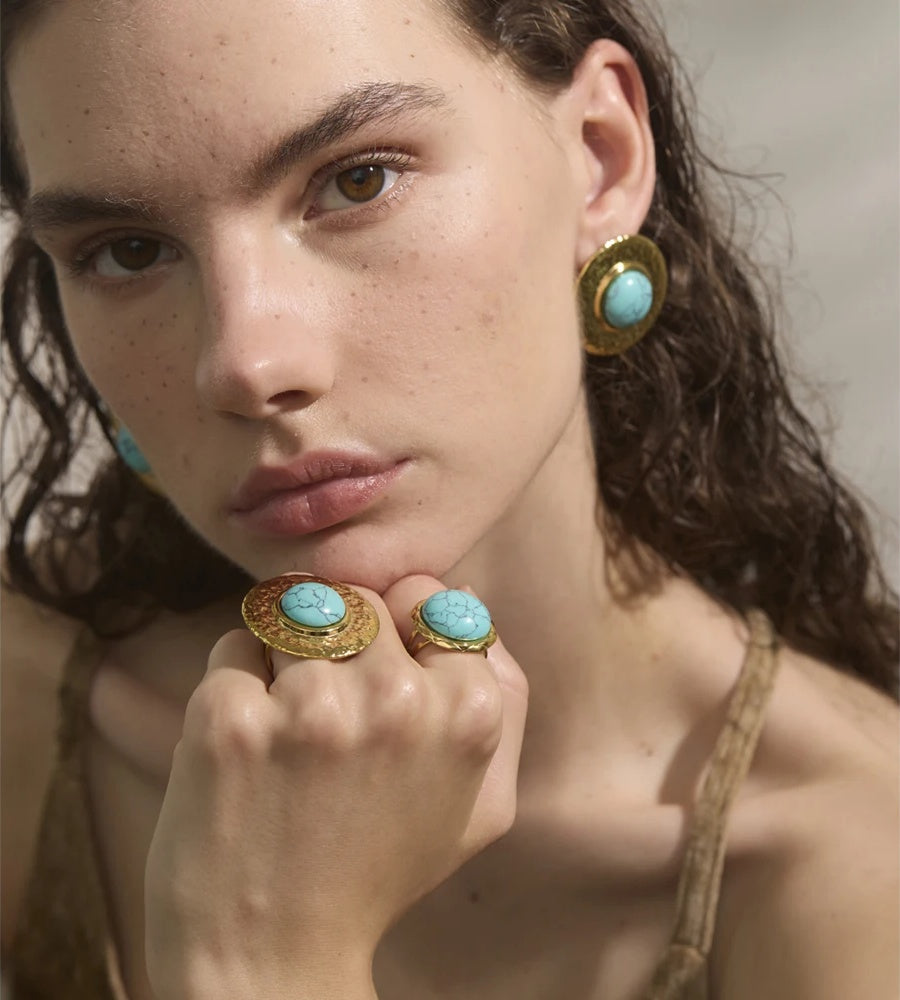 Blue turquoise stone round stud earrings ring set - product image