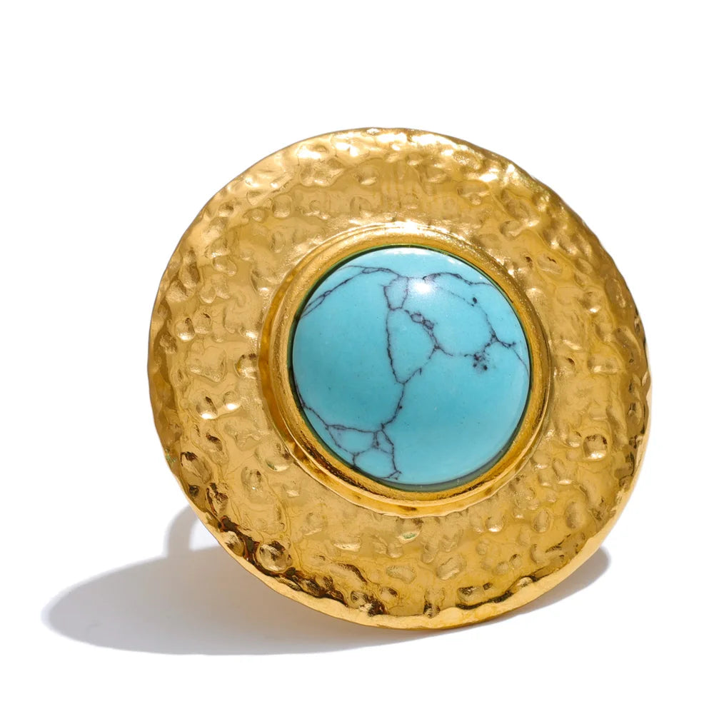 Blue turquoise stone round stud earrings ring set - product image