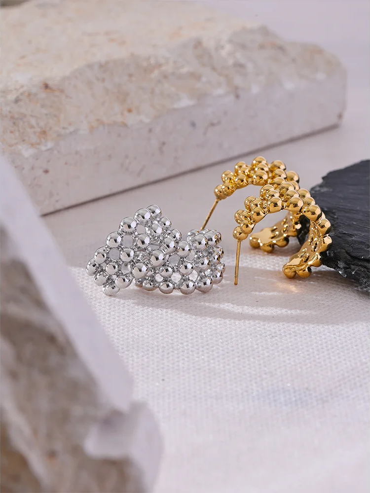 C-shape beads layered hollow huggie earrings - product image
