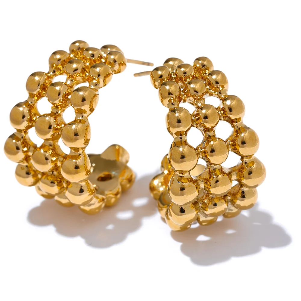 C-shape beads layered hollow huggie earrings - product image