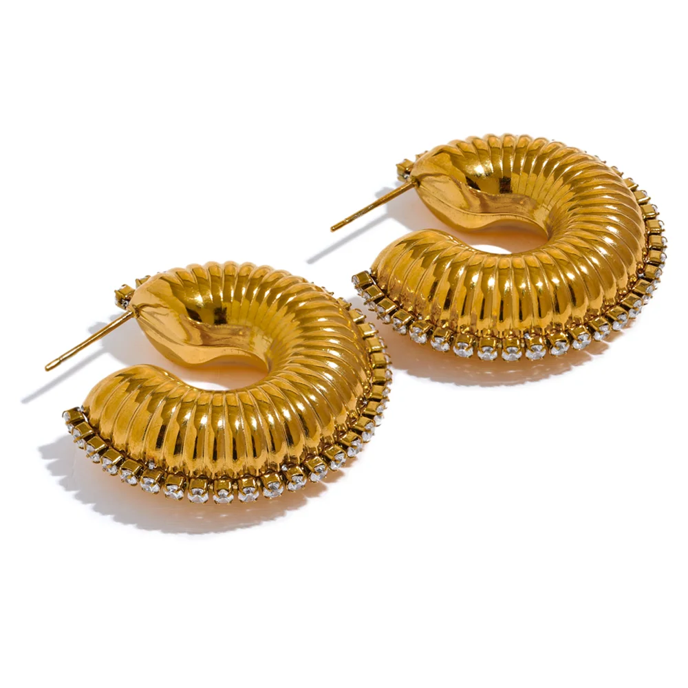 C-shape contemporary chunky zirconia texture earrings - product image
