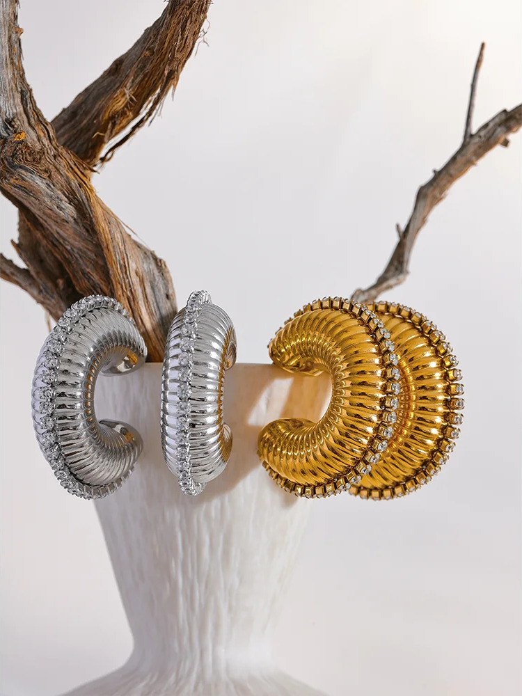 C-shape contemporary chunky zirconia texture earrings - product image