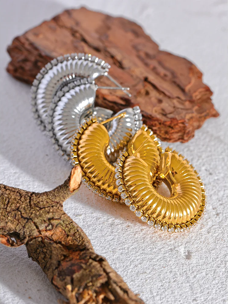 C-shape contemporary chunky zirconia texture earrings - product image