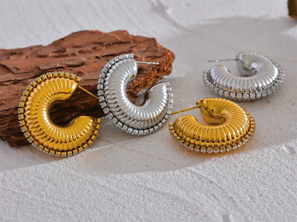 C-shape contemporary chunky zirconia texture earrings - product image