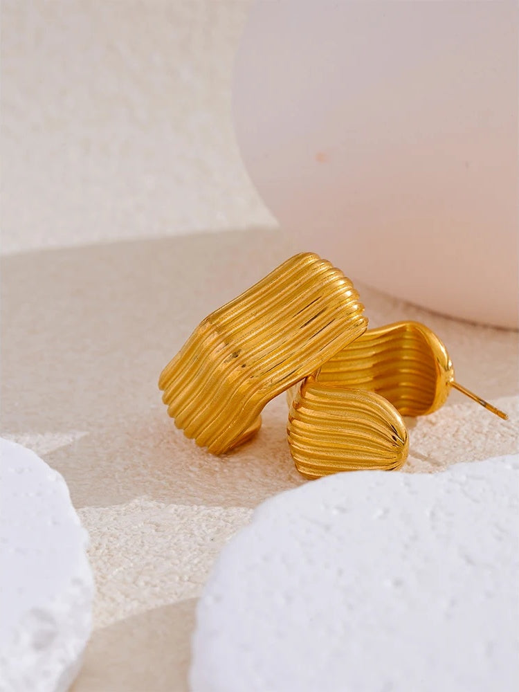 C-shape stripe gold color statement hoop earrings - product image