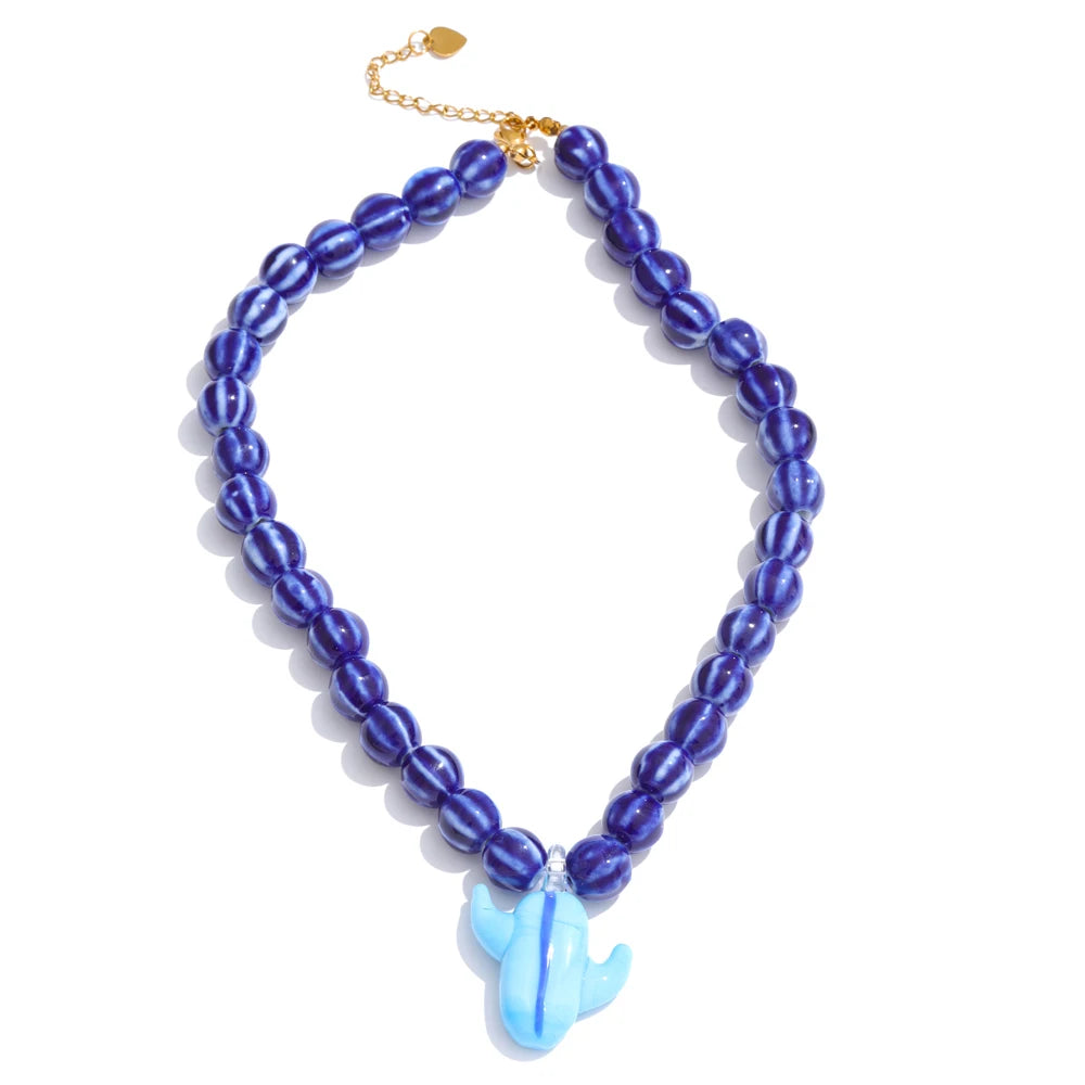 Ceramic blue yellow beads cactus pendant necklace - product image