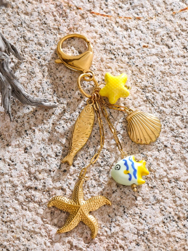 Ceramic fish shell starfish key chain - product image