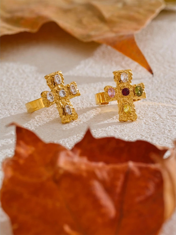 Colorful cubic zirconia cross open adjustable ring - product image