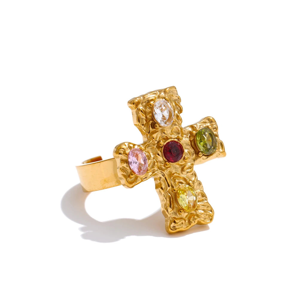 Colorful cubic zirconia cross open adjustable ring - product image