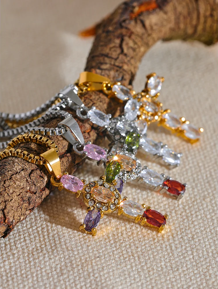 Colorful cubic zirconia cross pendant necklace - product image