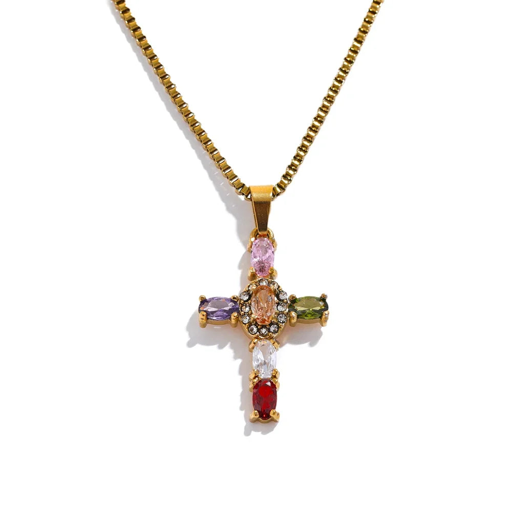 Colorful cubic zirconia cross pendant necklace - product image
