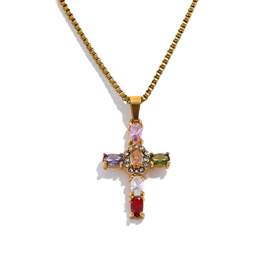 Colorful cubic zirconia cross pendant necklace - product image