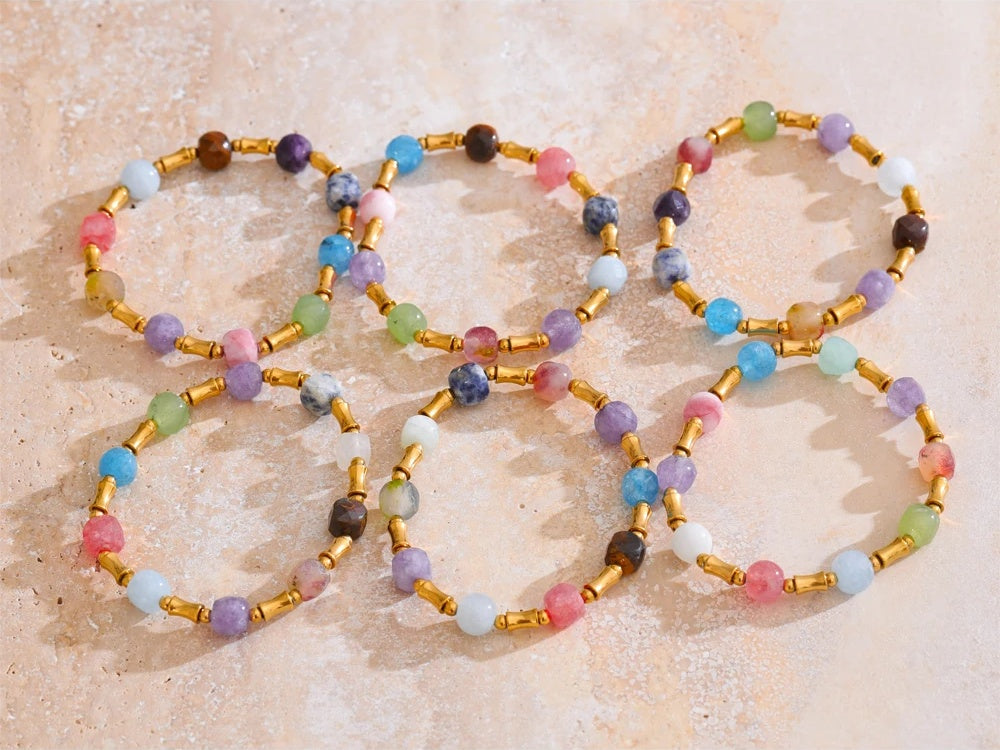 Colorful natural stone bamboo chain necklace bracelet set - product image